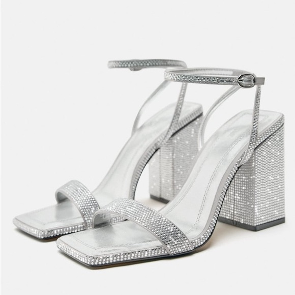 Zara Silver Block Heel Rhinestone Sandals - Picture 5 of 8